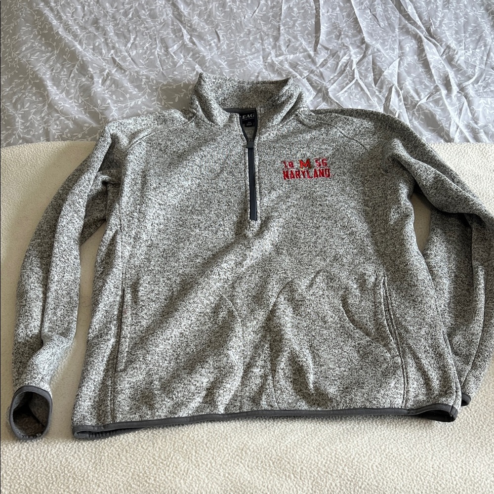 University of Maryland Gray Zip-Up Sweater with Red Embroidery